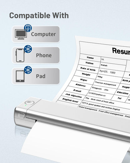Odaro M08f Kabelloser Tragbarer Drucker Für Unterwegs, A4 Thermodrucker, Mobiler Bluetooth-Drucker, Unterstützt A4 Thermopapier, Kompatibel Mit Mobiltelefonen Und Computern Kompaktdrucker - Silber