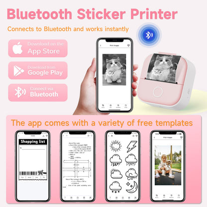 Odaro T02 Thermal Sticker Printer Mini, Portable Print Pod, Sticker Maker with 1 Roll Sticker Paper, Small Sticker Printer Machine Bluetooth for School Note, Journal, Picture Coloring - Pink