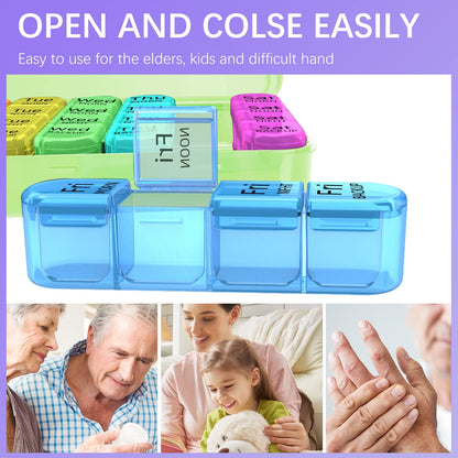 Odaro Weekly Pill Organizer 4 Times a Day, Daily Pill Box 7 Day, Large Travel Pill Case with 28 Compartment to Hold Medicine, Vitamin and Supplement - Green Case