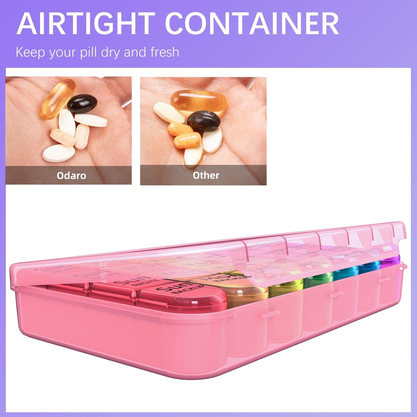 Odaro Weekly Pill Organizer 4 Times a Day, Daily Pill Box 7 Day, Large Travel Pill Case with 28 Compartment to Hold Medicine, Vitamin and Supplement - Pink Case