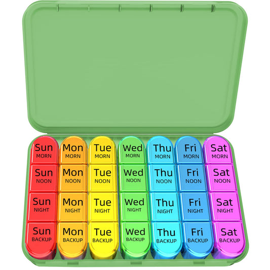 Odaro Weekly Pill Organizer 4 Times a Day, Daily Pill Box 7 Day, Large Travel Pill Case with 28 Compartment to Hold Medicine, Vitamin and Supplement - Olive Case