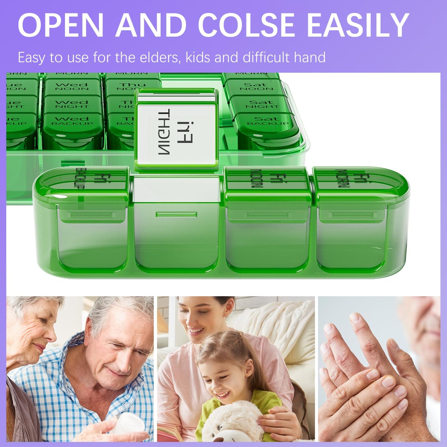 Odaro Weekly Pill Organizer 4 Times a Day, Daily Pill Box 7 Day, Large Travel Pill Case with 28 Compartment to Hold Medicine, Vitamin and Supplement - Full Olive