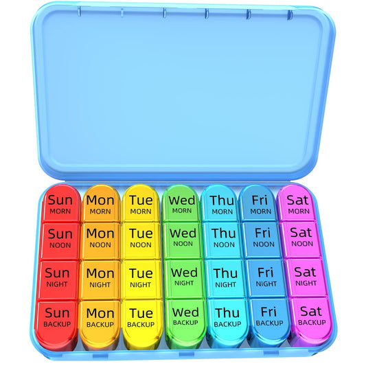 Odaro Weekly Pill Organizer 4 Times a Day, Daily Pill Box 7 Day, Large Travel Pill Case with 28 Compartment to Hold Medicine, Vitamin and Supplement - Blue Case