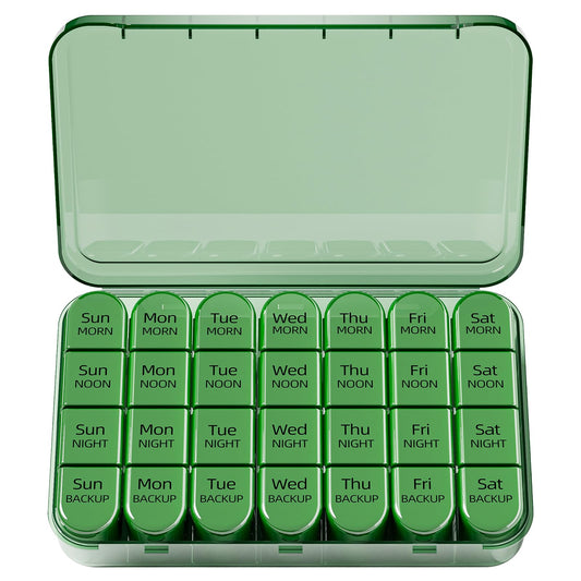Odaro Weekly Pill Organizer 4 Times a Day, Daily Pill Box 7 Day, Large Travel Pill Case with 28 Compartment to Hold Medicine, Vitamin and Supplement - Full Olive