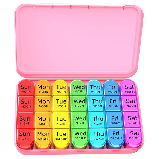 Odaro Weekly Pill Organizer 4 Times a Day, Daily Pill Box 7 Day, Large Travel Pill Case with 28 Compartment to Hold Medicine, Vitamin and Supplement - Pink Case