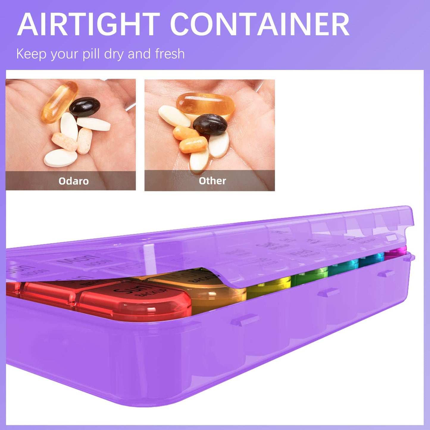 Odaro Weekly Pill Organizer 4 Times a Day, Daily Pill Box 7 Day, Large Travel Pill Case with 28 Compartment to Hold Medicine, Vitamin and Supplement - Purple Case