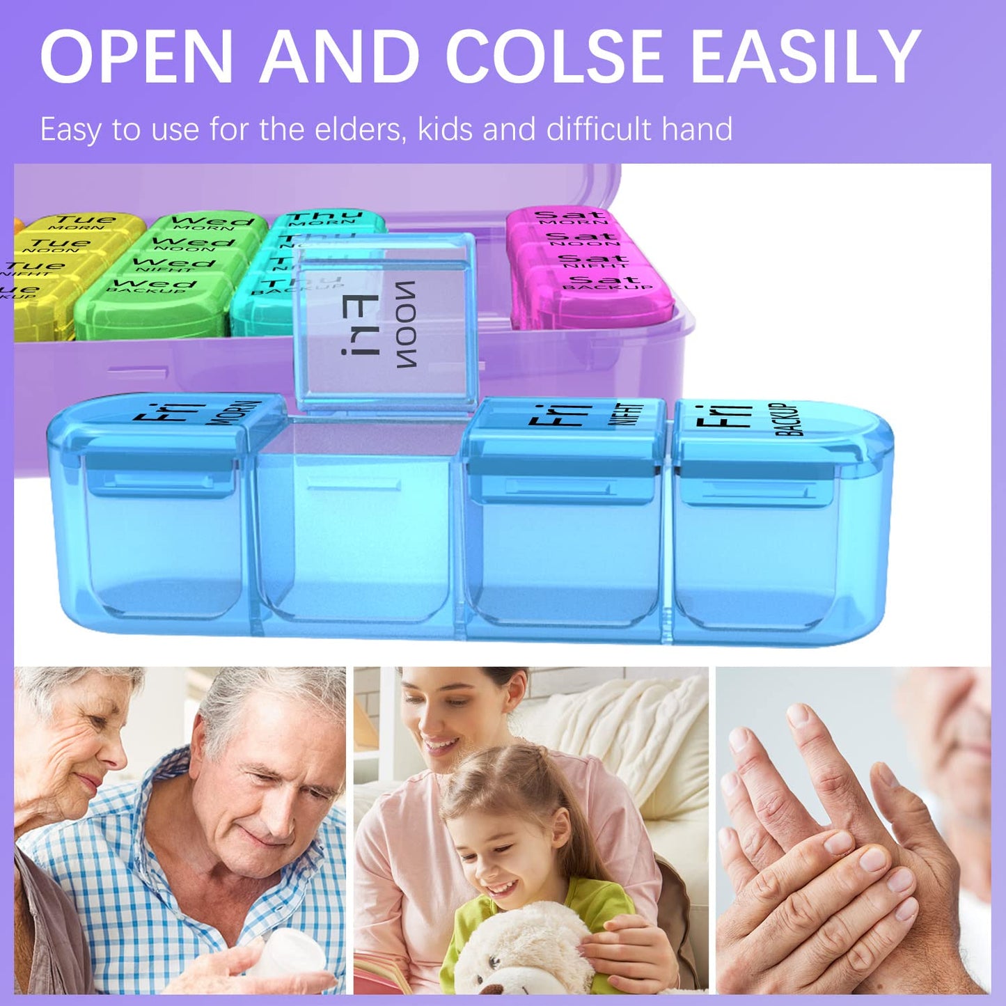 Odaro Weekly Pill Organizer 4 Times a Day, Daily Pill Box 7 Day, Large Travel Pill Case with 28 Compartment to Hold Medicine, Vitamin and Supplement - Purple Case