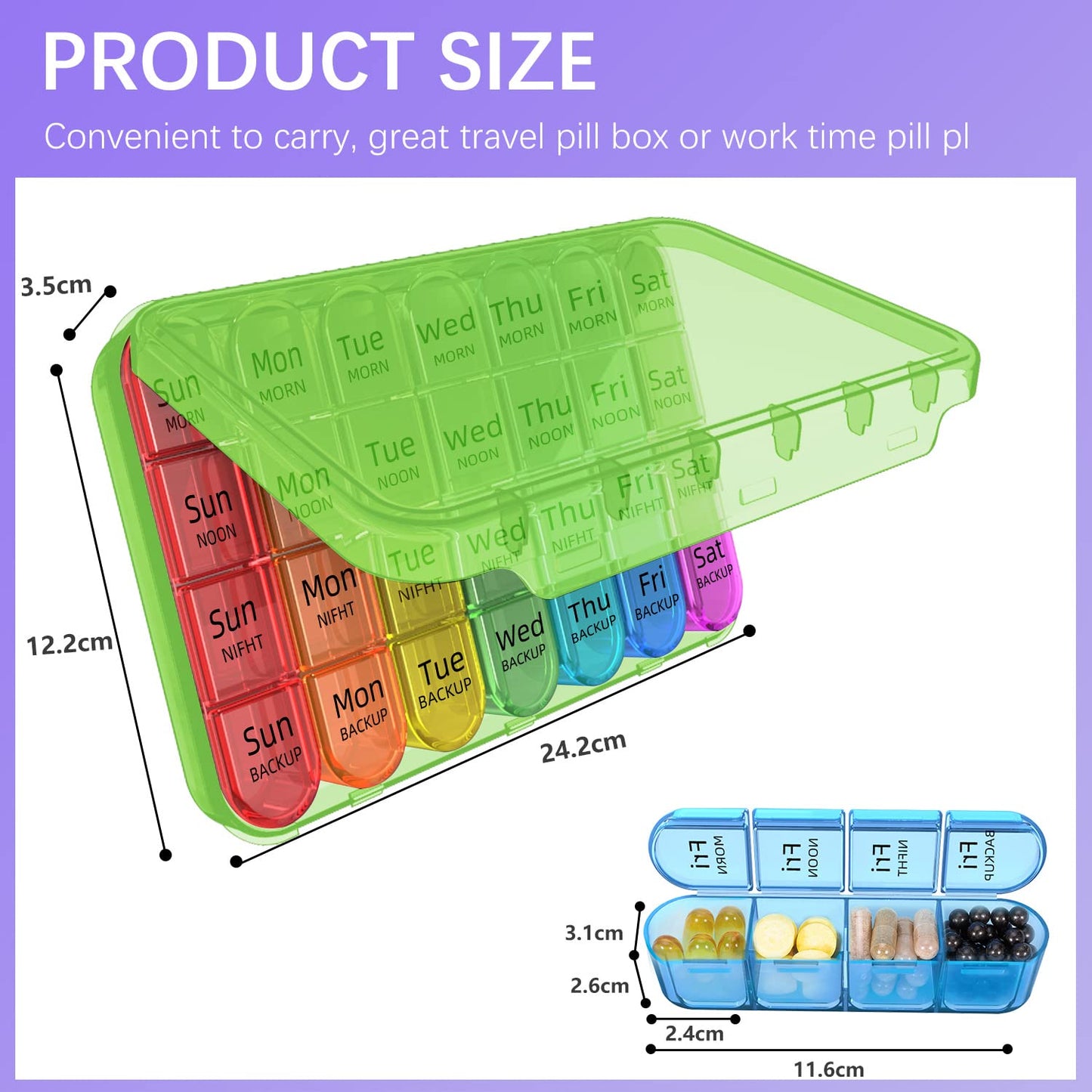 Odaro Weekly Pill Organizer 4 Times a Day, Daily Pill Box 7 Day, Large Travel Pill Case with 28 Compartment to Hold Medicine, Vitamin and Supplement - Green Case