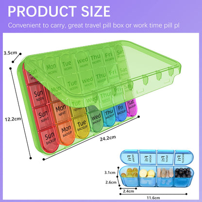 Odaro Weekly Pill Organizer 4 Times a Day, Daily Pill Box 7 Day, Large Travel Pill Case with 28 Compartment to Hold Medicine, Vitamin and Supplement - Green Case