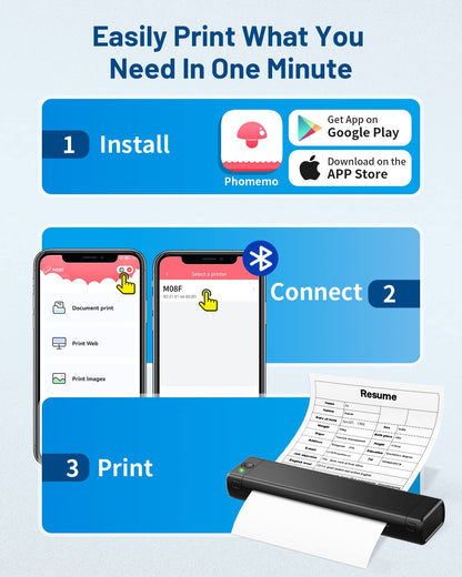 Odaro M08F A4 Travelling Mini Portable Printer, Bluetooth Thermal Printer, Compatible avec Le Papier Thermique A4 jusqu'à 210 x 297 mm, Compatible avec Les Ordinateurs Portables, Noir
