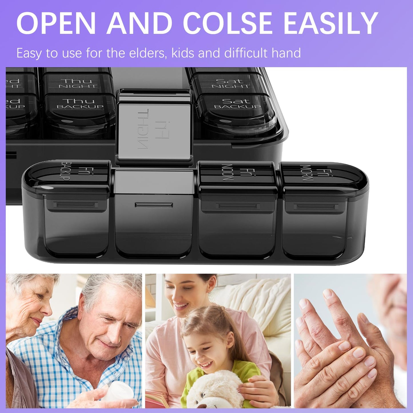 Odaro Weekly Pill Organizer 4 Times a Day, Daily Pill Box 7 Day, Large Travel Pill Case with 28 Compartment to Hold Medicine, Vitamin and Supplement (Full Black)