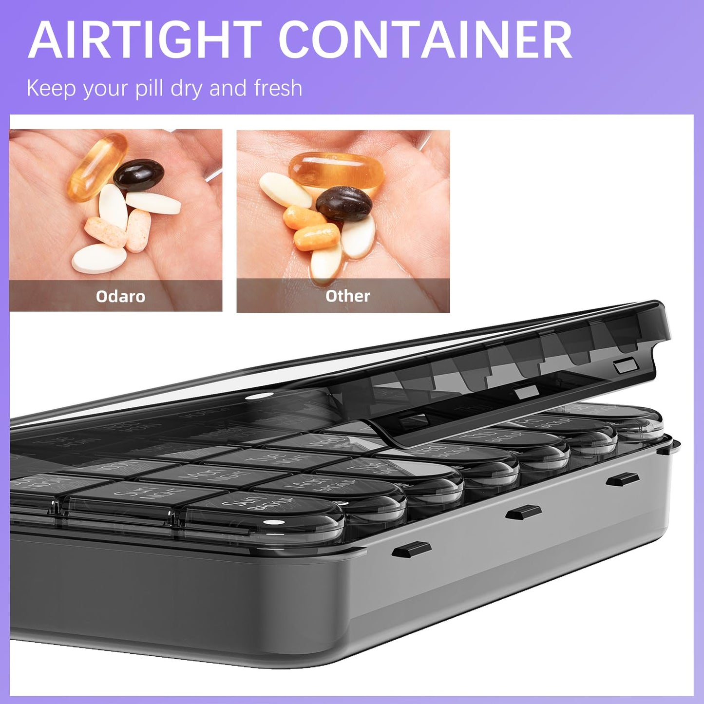 Odaro Weekly Pill Organizer 4 Times a Day, Daily Pill Box 7 Day, Large Travel Pill Case with 28 Compartment to Hold Medicine, Vitamin and Supplement (Full Black)