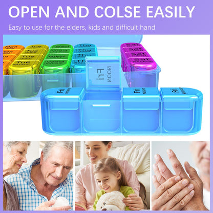 Odaro Weekly Pill Organizer 4 Times a Day, Daily Pill Box 7 Day, Large Travel Pill Case with 28 Compartment to Hold Medicine, Vitamin and Supplement - Blue Case