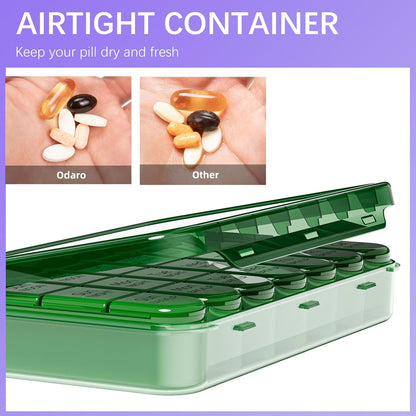 Odaro Weekly Pill Organizer 4 Times a Day, Daily Pill Box 7 Day, Large Travel Pill Case with 28 Compartment to Hold Medicine, Vitamin and Supplement - Full Olive