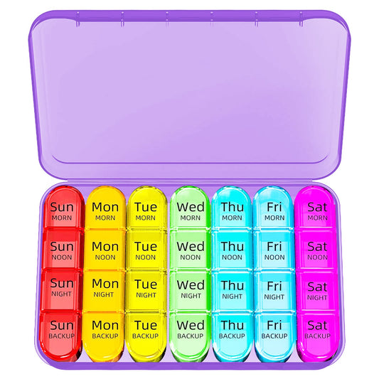 Odaro Weekly Pill Organizer 4 Times a Day, Daily Pill Box 7 Day, Large Travel Pill Case with 28 Compartment to Hold Medicine, Vitamin and Supplement - Purple Case