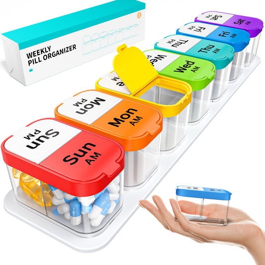 Extra Large Weekly Pill Organizer, XL Pill Box 7 Day Am Pm, Jumbo Medicine Organizer 2 Times A Day to Hold Daily Medicine Vitamin and Supplements - Rainbow