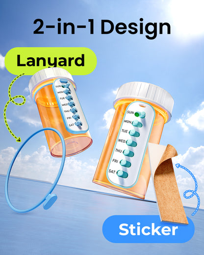 2 Pack Pill Reminder, Lanyad or Sticker Pill Tracker, Work with Most Bottles, Reusable Medication Tracker Replacement of Vitamin Weekly (7 Day) Medicine Organizer