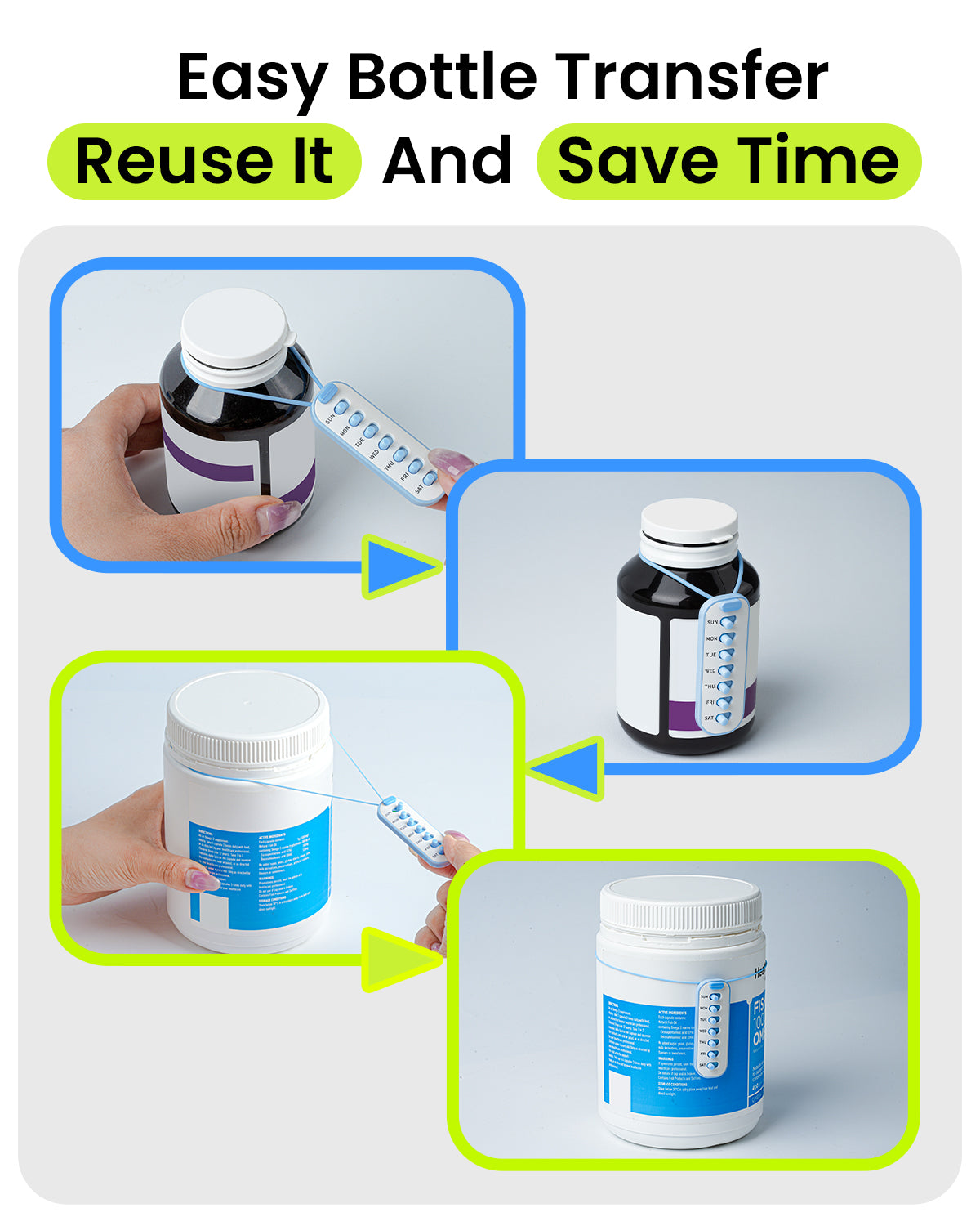 2 Pack Pill Reminder, Lanyad or Sticker Pill Tracker, Work with Most Bottles, Reusable Medication Tracker Replacement of Vitamin Weekly (7 Day) Medicine Organizer