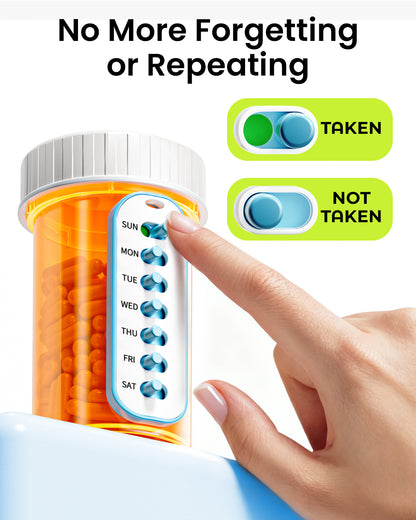 2 Pack Pill Reminder, Lanyad or Sticker Pill Tracker, Work with Most Bottles, Reusable Medication Tracker Replacement of Vitamin Weekly (7 Day) Medicine Organizer